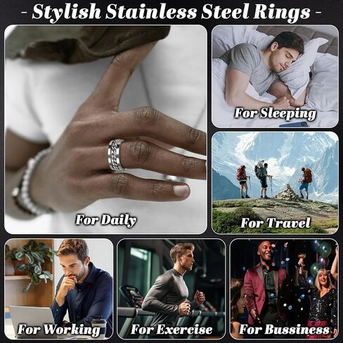 16PCS Silver Stainless Steel Rings Set for Men 8MM Spinning Cuban Link Chain Band Rings Square Signet Hammered Roman Numeral Silver Rings Engagement Wedding Promise Rings Set Size7-13 in Saudi Arabia