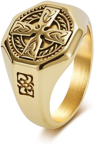 Kemstone Celtic Cross Signet Ring for Men, Stainless Steel Octagon Knot Pattern Vintage Silver Gold Black in Kuwait