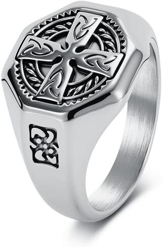 Kemstone Celtic Cross Signet Ring for Men, Stainless Steel Octagon Knot Pattern Vintage Silver Gold Black in Kuwait