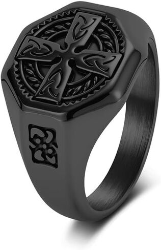 Kemstone Celtic Cross Signet Ring for Men, Stainless Steel Octagon Knot Pattern Vintage Silver Gold Black in Kuwait