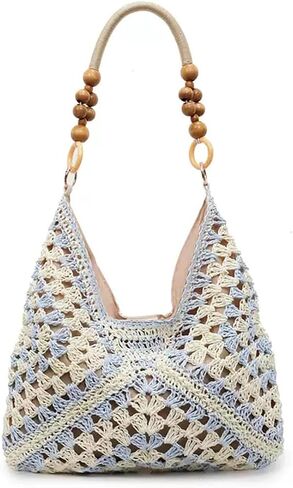 Women's Boho Straw Beach Tote Bag with Wooden Bead Handles Summer Holiday Vacation Handbag, Trendy Y2K Top Handle Purse in Kuwait