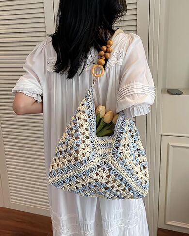 Women's Boho Straw Beach Tote Bag with Wooden Bead Handles Summer Holiday Vacation Handbag, Trendy Y2K Top Handle Purse in Kuwait
