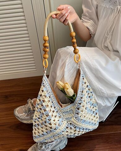 Women's Boho Straw Beach Tote Bag with Wooden Bead Handles Summer Holiday Vacation Handbag, Trendy Y2K Top Handle Purse in Kuwait