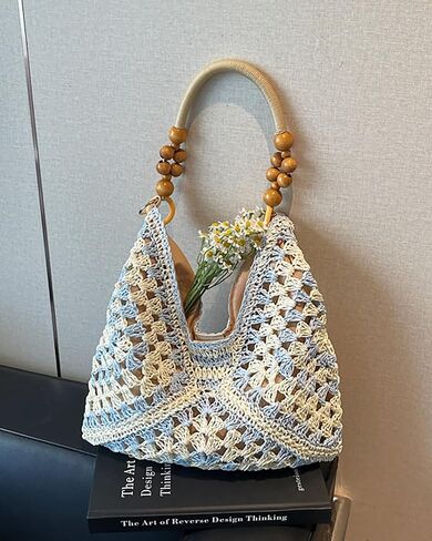 Women's Boho Straw Beach Tote Bag with Wooden Bead Handles Summer Holiday Vacation Handbag, Trendy Y2K Top Handle Purse in Kuwait
