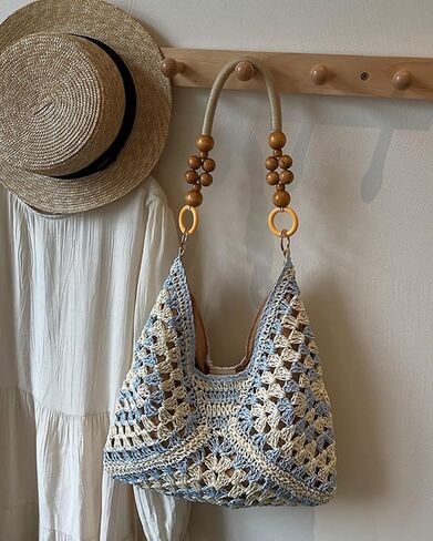 Women's Boho Straw Beach Tote Bag with Wooden Bead Handles Summer Holiday Vacation Handbag, Trendy Y2K Top Handle Purse in Kuwait