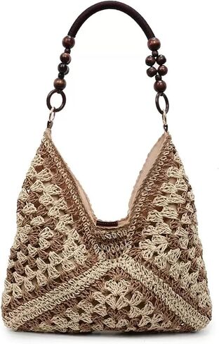 Women's Boho Straw Beach Tote Bag with Wooden Bead Handles Summer Holiday Vacation Handbag, Trendy Y2K Top Handle Purse in Saudi Arabia