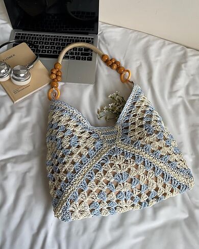 Women's Boho Straw Beach Tote Bag with Wooden Bead Handles Summer Holiday Vacation Handbag, Trendy Y2K Top Handle Purse in Kuwait