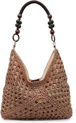 Women's Boho Straw Beach Tote Bag with Wooden Bead Handles Summer Holiday Vacation Handbag, Trendy Y2K Top Handle Purse in Kuwait