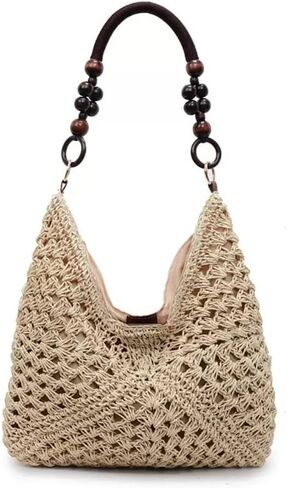 Women's Boho Straw Beach Tote Bag with Wooden Bead Handles Summer Holiday Vacation Handbag, Trendy Y2K Top Handle Purse in Kuwait