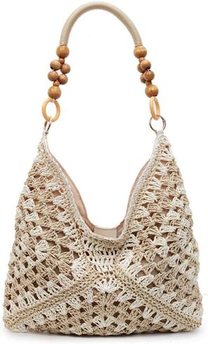 Women's Boho Straw Beach Tote Bag with Wooden Bead Handles Summer Holiday Vacation Handbag, Trendy Y2K Top Handle Purse in Kuwait