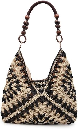 Women's Boho Straw Beach Tote Bag with Wooden Bead Handles Summer Holiday Vacation Handbag, Trendy Y2K Top Handle Purse in Kuwait