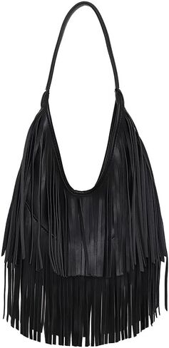 Black Fringe Purses for Women, Vintage Western Vegan PU Leather Fringe Bag, Black Hobo Shoulder Bag Hippie Crossbody Handbag in Saudi Arabia