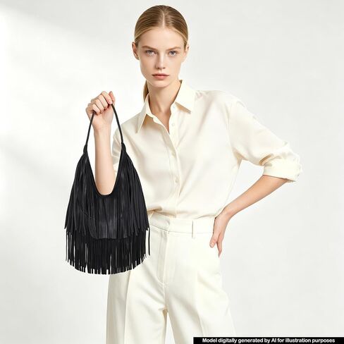 Black Fringe Purses for Women, Vintage Western Vegan PU Leather Fringe Bag, Black Hobo Shoulder Bag Hippie Crossbody Handbag in Saudi Arabia