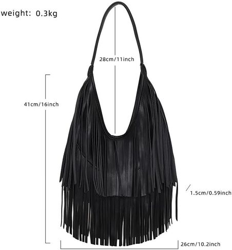 Black Fringe Purses for Women, Vintage Western Vegan PU Leather Fringe Bag, Black Hobo Shoulder Bag Hippie Crossbody Handbag in Saudi Arabia