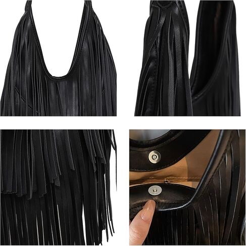 Black Fringe Purses for Women, Vintage Western Vegan PU Leather Fringe Bag, Black Hobo Shoulder Bag Hippie Crossbody Handbag in Saudi Arabia
