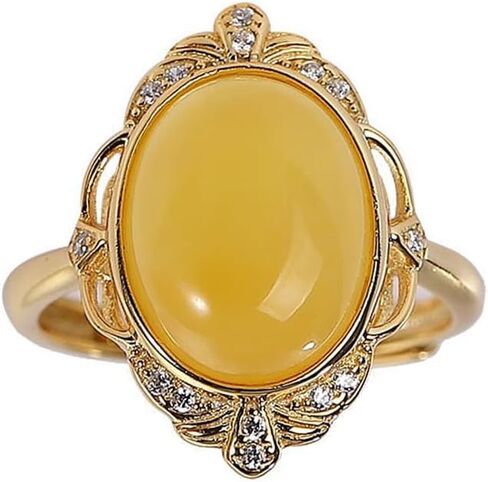 S925 Silver 18K Gold Plated Yellow Stone Vintage Filigree Ring, Adjustable Open Band, Classic Elegant Jewelry for Women Daily Gifting in Saudi Arabia