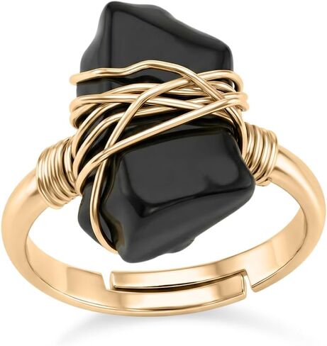 Raw Black Obsidian Ring, 14K Gold Plated Wire Wrapped Adjustable Crystal Statement Ring for Women, Handmade Boho Natural Stone Jewelry, US Sizes 6-8 in Saudi Arabia