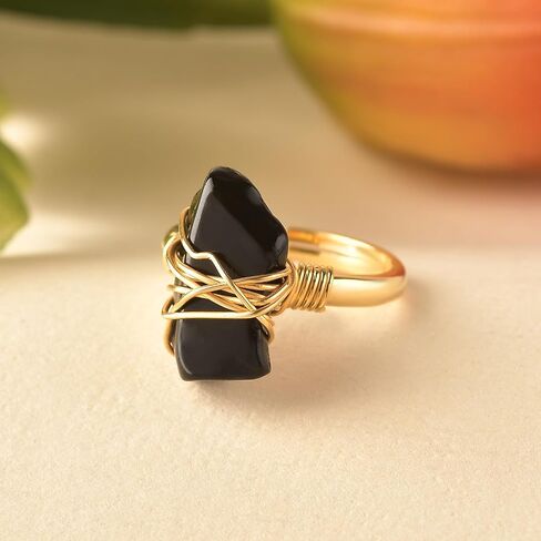 Raw Black Obsidian Ring, 14K Gold Plated Wire Wrapped Adjustable Crystal Statement Ring for Women, Handmade Boho Natural Stone Jewelry, US Sizes 6-8 in Saudi Arabia