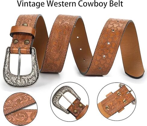 Adjustable Vintage Western-Belts for Women Men Engraved Buckle-Belts Cowboy-Cowgirl-Belt (Waist for 29"-39") in Kuwait