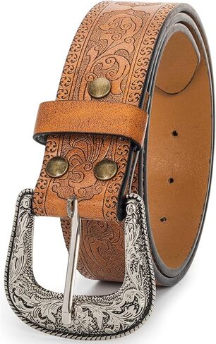Adjustable Vintage Western-Belts for Women Men Engraved Buckle-Belts Cowboy-Cowgirl-Belt (Waist for 29"-39") in Kuwait