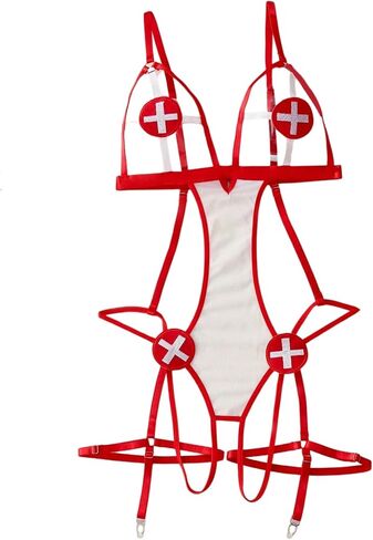 WDIRARA Women's 4 Piece Nurse Cospaly Lingerie Set Cut Out Strappy Teddy Bodysuit with Stockings and Headband in Kuwait