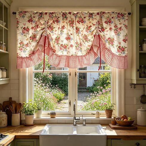 Country Rose Floral Valance Curtain Tie Up Gingham Ruffled Swag Curtain Light Filtering Rod Pocket Balloon Short Curtain for Kitchen Sink/Bathroom/Laundry Room 1 Panel (W59 X L31 Inch,Red White) in Saudi Arabia