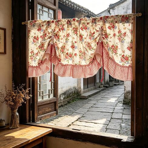 Country Rose Floral Valance Curtain Tie Up Gingham Ruffled Swag Curtain Light Filtering Rod Pocket Balloon Short Curtain for Kitchen Sink/Bathroom/Laundry Room 1 Panel (W59 X L31 Inch,Red White) in Saudi Arabia