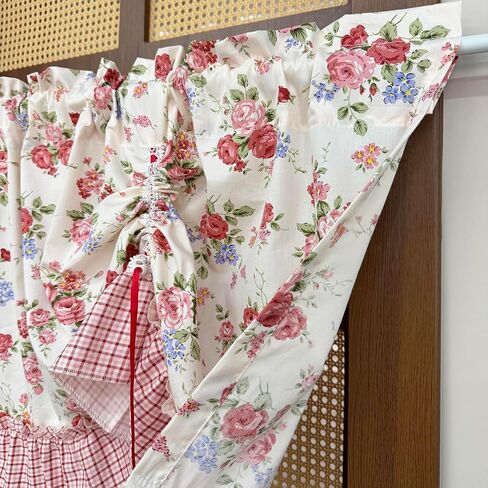 Country Rose Floral Valance Curtain Tie Up Gingham Ruffled Swag Curtain Light Filtering Rod Pocket Balloon Short Curtain for Kitchen Sink/Bathroom/Laundry Room 1 Panel (W59 X L31 Inch,Red White) in Saudi Arabia