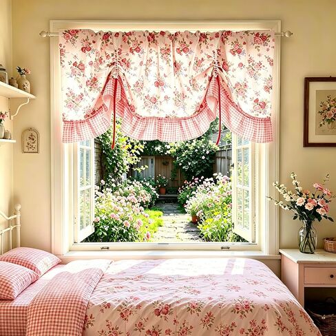 Country Rose Floral Valance Curtain Tie Up Gingham Ruffled Swag Curtain Light Filtering Rod Pocket Balloon Short Curtain for Kitchen Sink/Bathroom/Laundry Room 1 Panel (W59 X L31 Inch,Red White) in Saudi Arabia