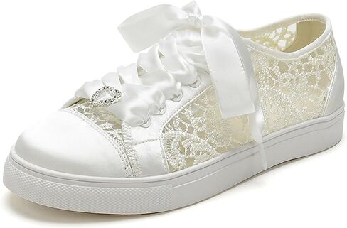 A580-03 Women's Wedding Shoes Bridal Sneakers Flats Bride Tennis Shoes Cutout Lace Sneakers in Saudi Arabia