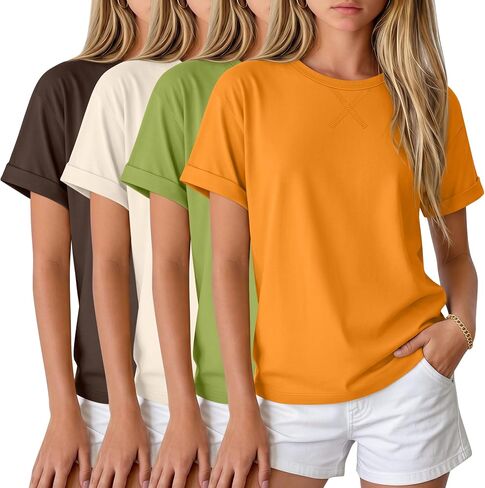 Oakgarden 4 Pack Girls' Short Sleeve T-Shirts Kids Summer Tees Loose Crew Neck Casual Dropped Shoulders Tops 5-14 Years in Kuwait