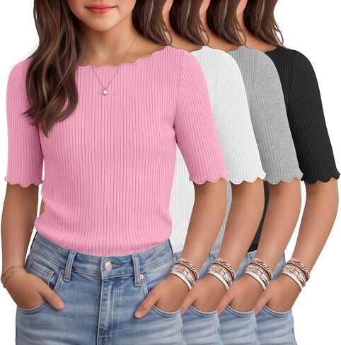 4 Pack Girl's Half Sleeve T Shirts Kids Ribbed Lettuce Trim Tops Boat Neck Fitted Summer Casual Tees, 5-16 Years in Saudi Arabia