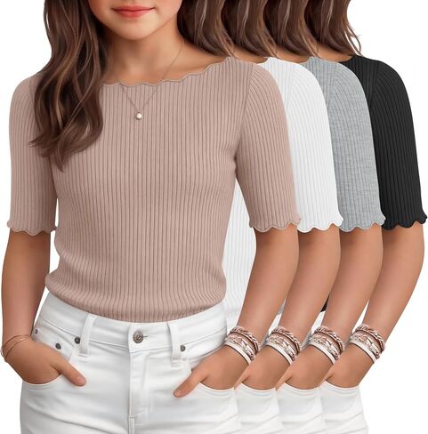 4 Pack Girl's Half Sleeve T Shirts Kids Ribbed Lettuce Trim Tops Boat Neck Fitted Summer Casual Tees, 5-16 Years in Kuwait
