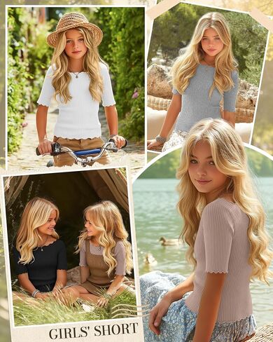 4 Pack Girl's Half Sleeve T Shirts Kids Ribbed Lettuce Trim Tops Boat Neck Fitted Summer Casual Tees, 5-16 Years in Kuwait