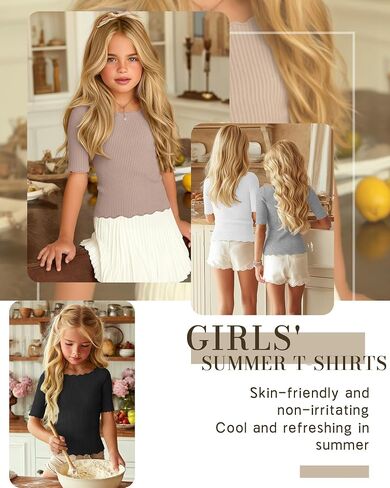 4 Pack Girl's Half Sleeve T Shirts Kids Ribbed Lettuce Trim Tops Boat Neck Fitted Summer Casual Tees, 5-16 Years in Kuwait
