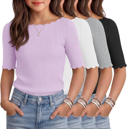 4 Pack Girl's Half Sleeve T Shirts Kids Ribbed Lettuce Trim Tops Boat Neck Fitted Summer Casual Tees, 5-16 Years in Kuwait