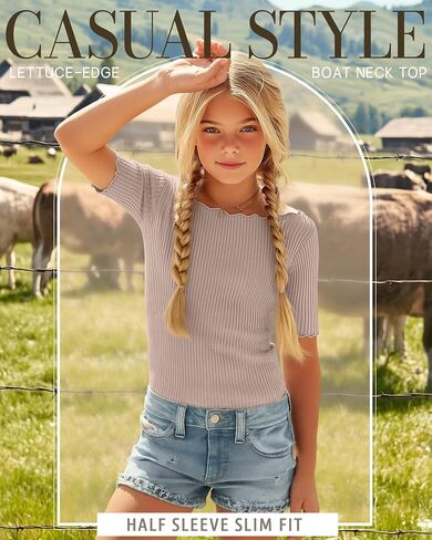 4 Pack Girl's Half Sleeve T Shirts Kids Ribbed Lettuce Trim Tops Boat Neck Fitted Summer Casual Tees, 5-16 Years in Kuwait
