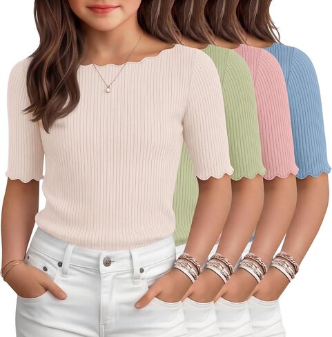 4 Pack Girl's Half Sleeve T Shirts Kids Ribbed Lettuce Trim Tops Boat Neck Fitted Summer Casual Tees, 5-16 Years in Kuwait