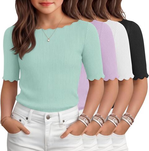 4 Pack Girl's Half Sleeve T Shirts Kids Ribbed Lettuce Trim Tops Boat Neck Fitted Summer Casual Tees, 5-16 Years in Kuwait
