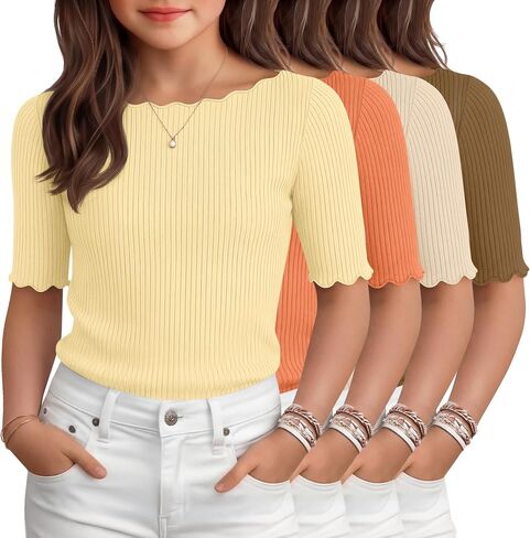 4 Pack Girl's Half Sleeve T Shirts Kids Ribbed Lettuce Trim Tops Boat Neck Fitted Summer Casual Tees, 5-16 Years in Kuwait