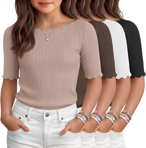 4 Pack Girl's Half Sleeve T Shirts Kids Ribbed Lettuce Trim Tops Boat Neck Fitted Summer Casual Tees, 5-16 Years in Kuwait