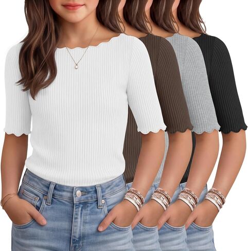 4 Pack Girl's Half Sleeve T Shirts Kids Ribbed Lettuce Trim Tops Boat Neck Fitted Summer Casual Tees, 5-16 Years in Kuwait