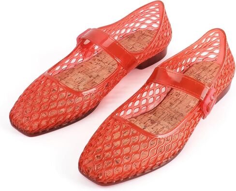 UniqueStride Women's Jelly Ballet Flats Buckle Strap Comfortable Casual Mary Jane Flat Lightweight Mesh Clear Beach-Sandals Summer Beach Hollow Dressy Shoes in Kuwait