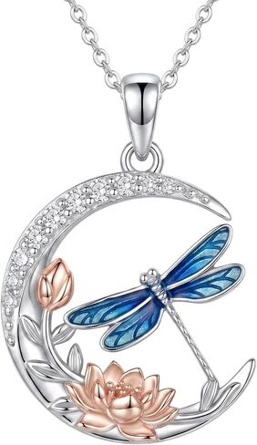 Diamond Moon and Dragonfly Necklace for Women 925 Sterling Silver Blue Dragonfly Pendant with Lab Grown Diamond Jewelry Gifts in Kuwait