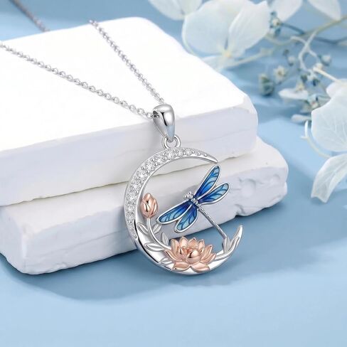 Diamond Moon and Dragonfly Necklace for Women 925 Sterling Silver Blue Dragonfly Pendant with Lab Grown Diamond Jewelry Gifts in Kuwait