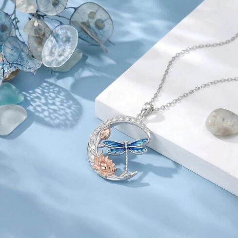 Diamond Moon and Dragonfly Necklace for Women 925 Sterling Silver Blue Dragonfly Pendant with Lab Grown Diamond Jewelry Gifts in Kuwait