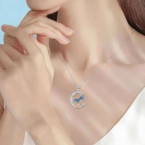 Diamond Moon and Dragonfly Necklace for Women 925 Sterling Silver Blue Dragonfly Pendant with Lab Grown Diamond Jewelry Gifts in Kuwait