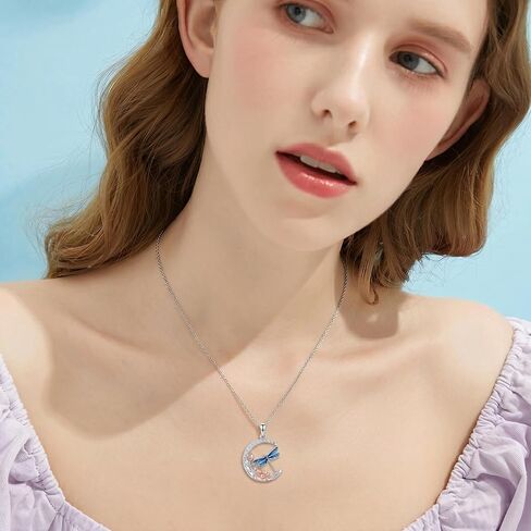 Diamond Moon and Dragonfly Necklace for Women 925 Sterling Silver Blue Dragonfly Pendant with Lab Grown Diamond Jewelry Gifts in Kuwait
