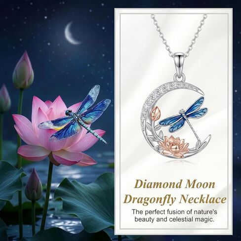 Diamond Moon and Dragonfly Necklace for Women 925 Sterling Silver Blue Dragonfly Pendant with Lab Grown Diamond Jewelry Gifts in Kuwait