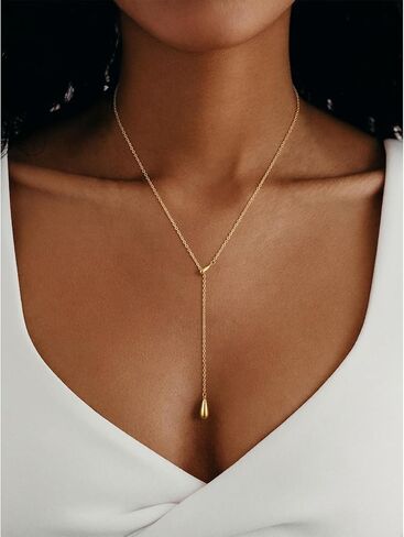 14K Gold Plated Layered Lariat Necklace for Women - Waterproof Non-Tarnish Dainty Gold Chain Necklace, Long Boho Statement Jewelry for Wedding, Prom, Summer Vacation Gifts in Saudi Arabia